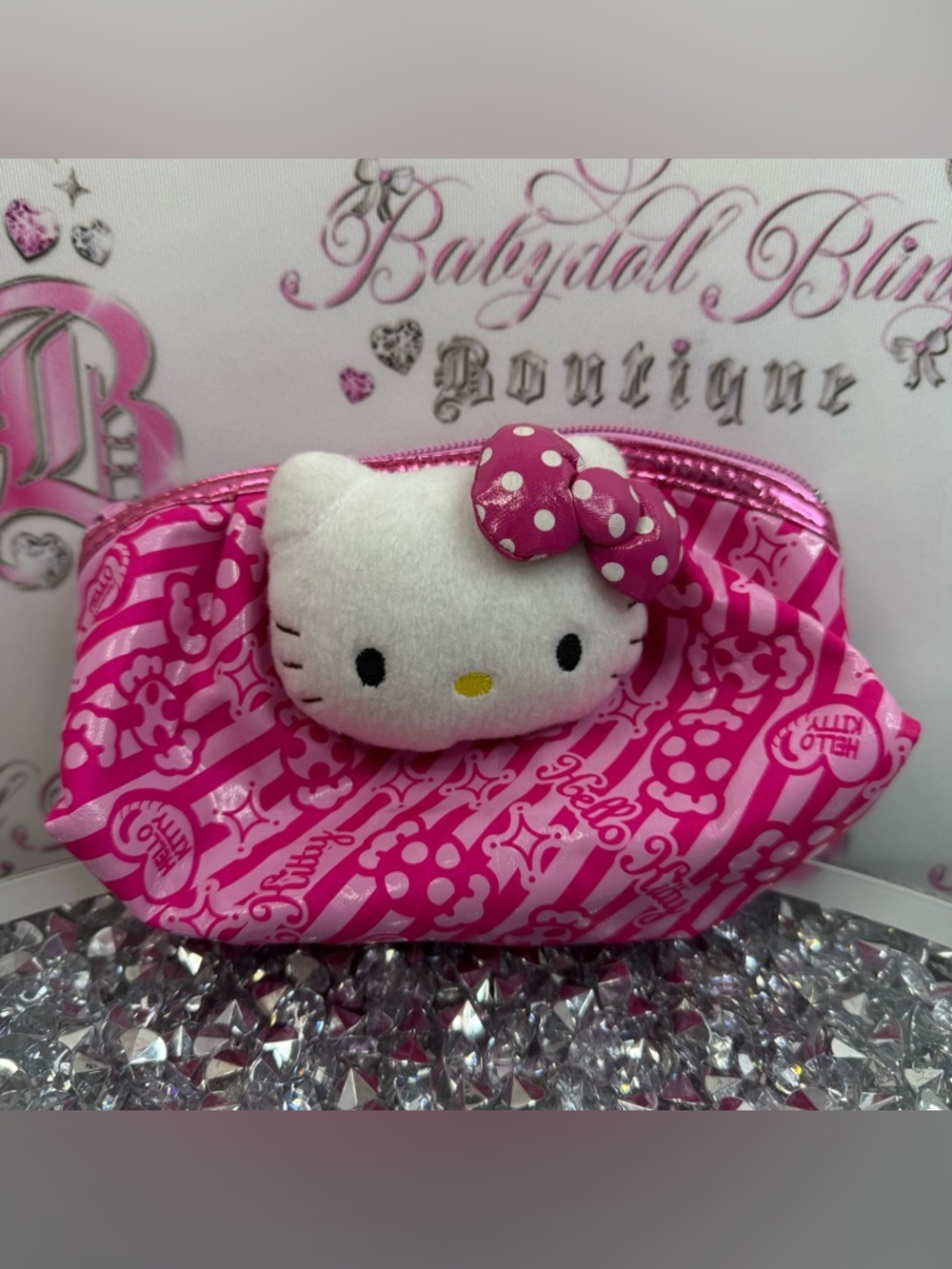 Hello Kitty bag makeup plush White Plush Face Pink Polka Dot Bow Cosmetic Pouch